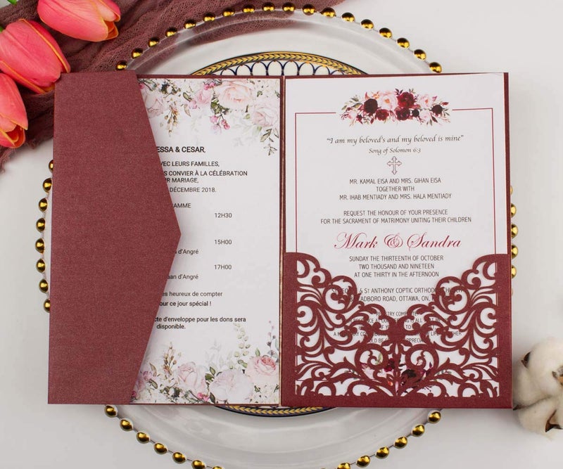Lucky Star 25 Sets Burgundy 250G Tri Fold Wedding Invitations Cards With Envelopes Inserts Greeting Laser Cut Pocket invites for Wedding Bridal Shower Birthday - Image 5